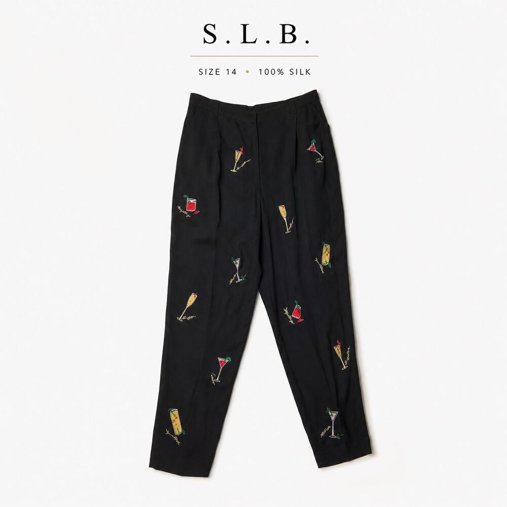 S.L.B Black Silk Embroidered Cocktail Novelty Pants Womens 14
